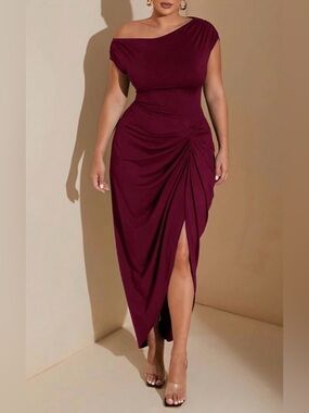 Amazon One-Shoulder Ruched Midi Dress in Burgundy